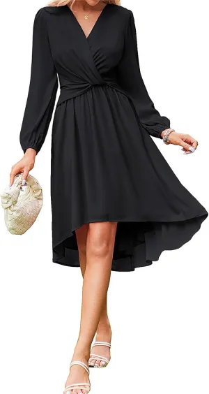JASAMBAC Dresses for Women Wedding Guest Chiffon Wrap V Neck Empire Waist A Line High Low Flowy Casual Modest Maxi Dress