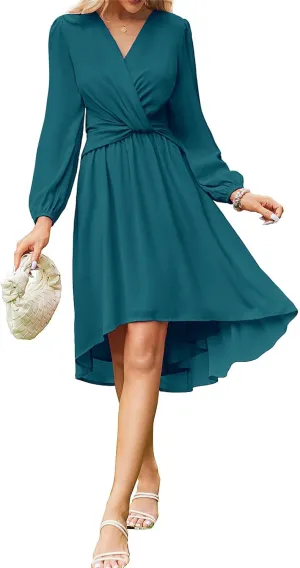 JASAMBAC Dresses for Women Wedding Guest Chiffon Wrap V Neck Empire Waist A Line High Low Flowy Casual Modest Maxi Dress