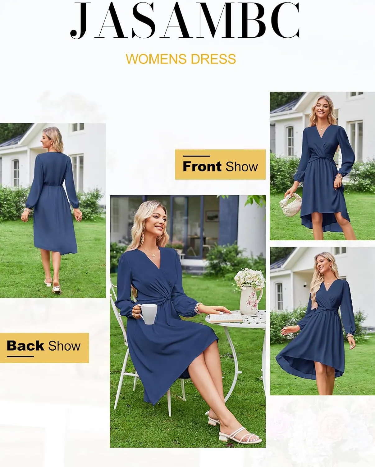 JASAMBAC Dresses for Women Wedding Guest Chiffon Wrap V Neck Empire Waist A Line High Low Flowy Casual Modest Maxi Dress
