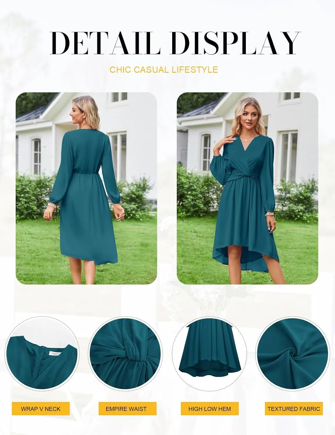 JASAMBAC Dresses for Women Wedding Guest Chiffon Wrap V Neck Empire Waist A Line High Low Flowy Casual Modest Maxi Dress