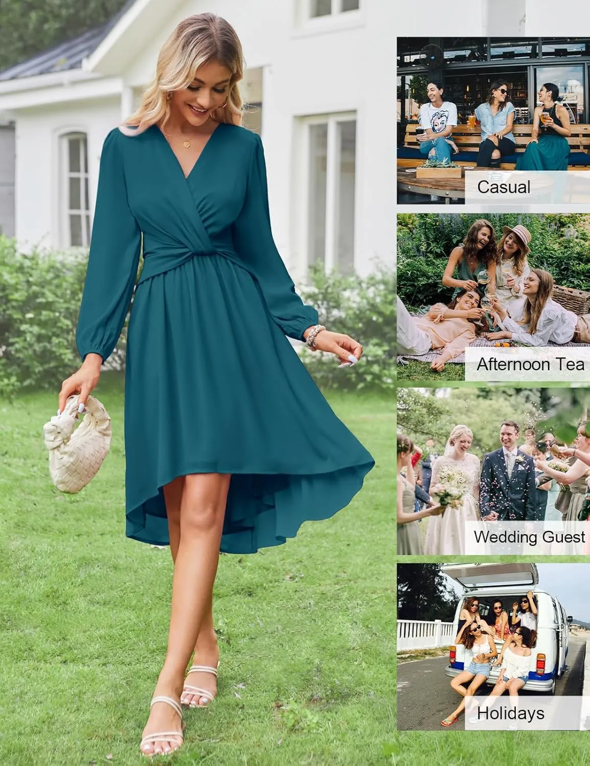 JASAMBAC Dresses for Women Wedding Guest Chiffon Wrap V Neck Empire Waist A Line High Low Flowy Casual Modest Maxi Dress