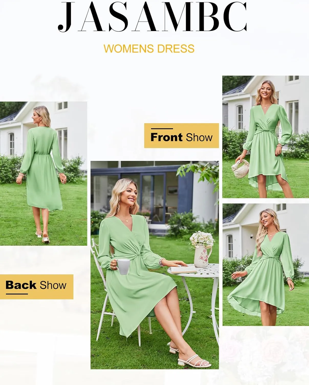 JASAMBAC Dresses for Women Wedding Guest Chiffon Wrap V Neck Empire Waist A Line High Low Flowy Casual Modest Maxi Dress