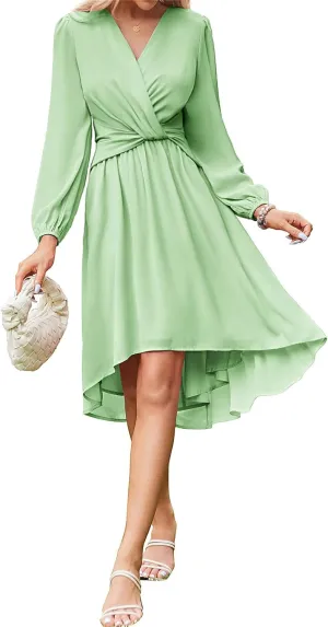 JASAMBAC Dresses for Women Wedding Guest Chiffon Wrap V Neck Empire Waist A Line High Low Flowy Casual Modest Maxi Dress
