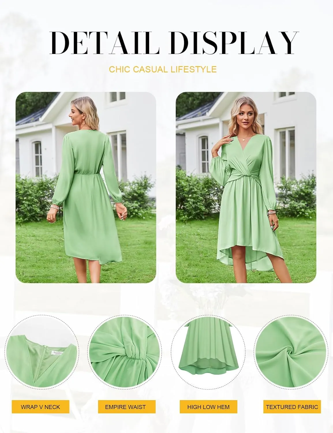 JASAMBAC Dresses for Women Wedding Guest Chiffon Wrap V Neck Empire Waist A Line High Low Flowy Casual Modest Maxi Dress
