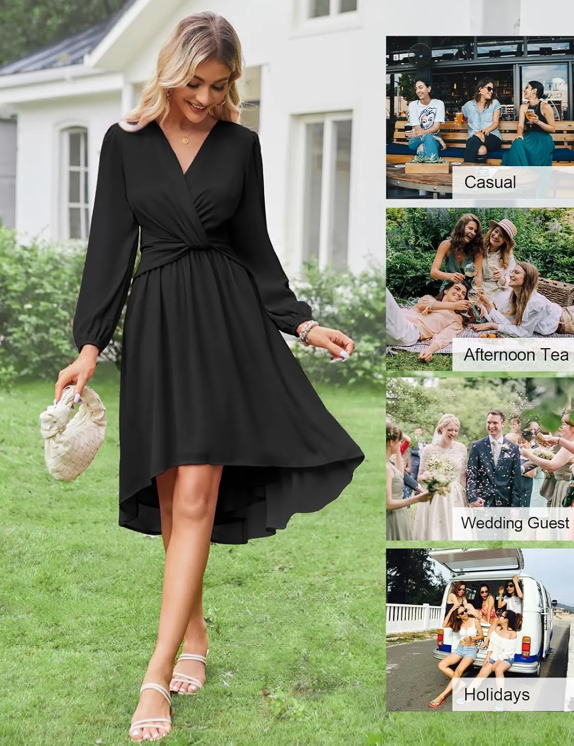 JASAMBAC Dresses for Women Wedding Guest Chiffon Wrap V Neck Empire Waist A Line High Low Flowy Casual Modest Maxi Dress