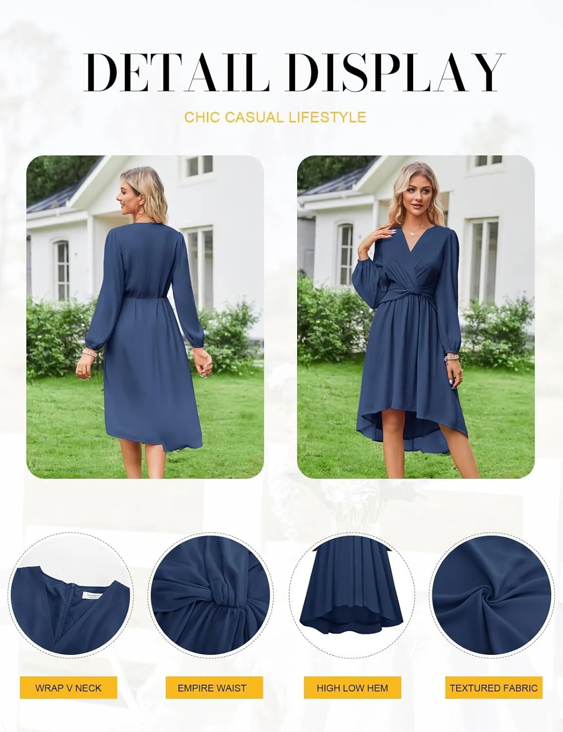JASAMBAC Dresses for Women Wedding Guest Chiffon Wrap V Neck Empire Waist A Line High Low Flowy Casual Modest Maxi Dress