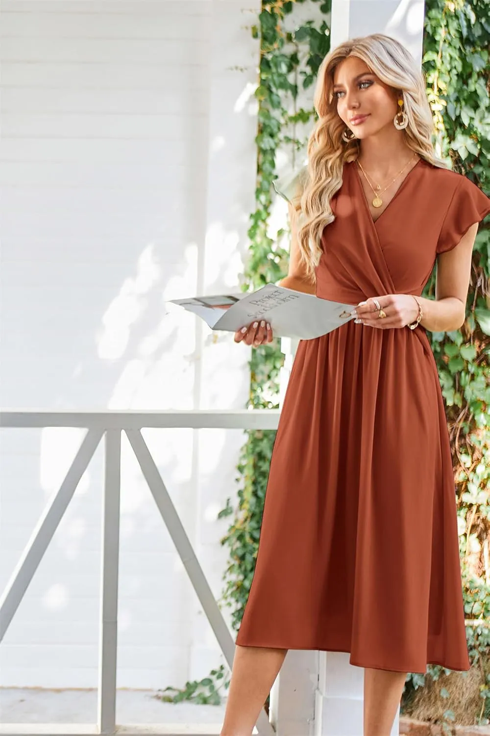 JASAMBAC Womens Dresses Casual Ruffle Short Sleeves Chiffon Empire Waist Elastic V-Neck Wedding Guest A-Line Maxi Dress