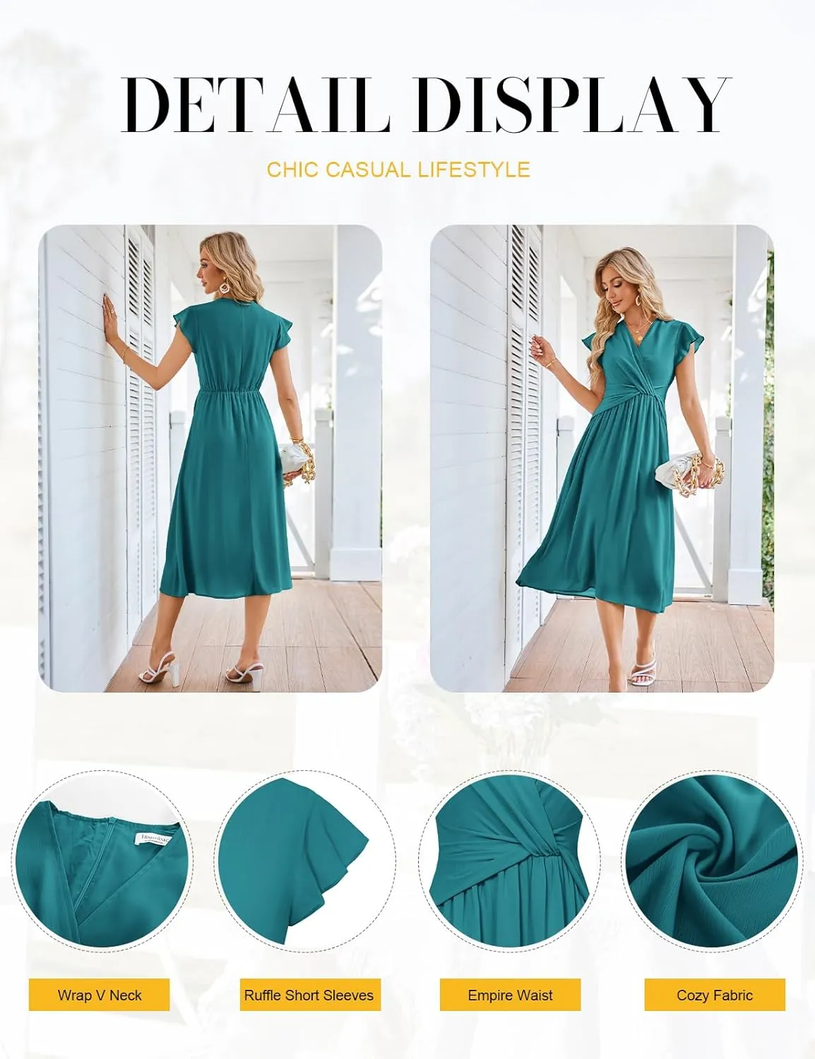 JASAMBAC Womens Dresses Casual Ruffle Short Sleeves Chiffon Empire Waist Elastic V-Neck Wedding Guest A-Line Maxi Dress