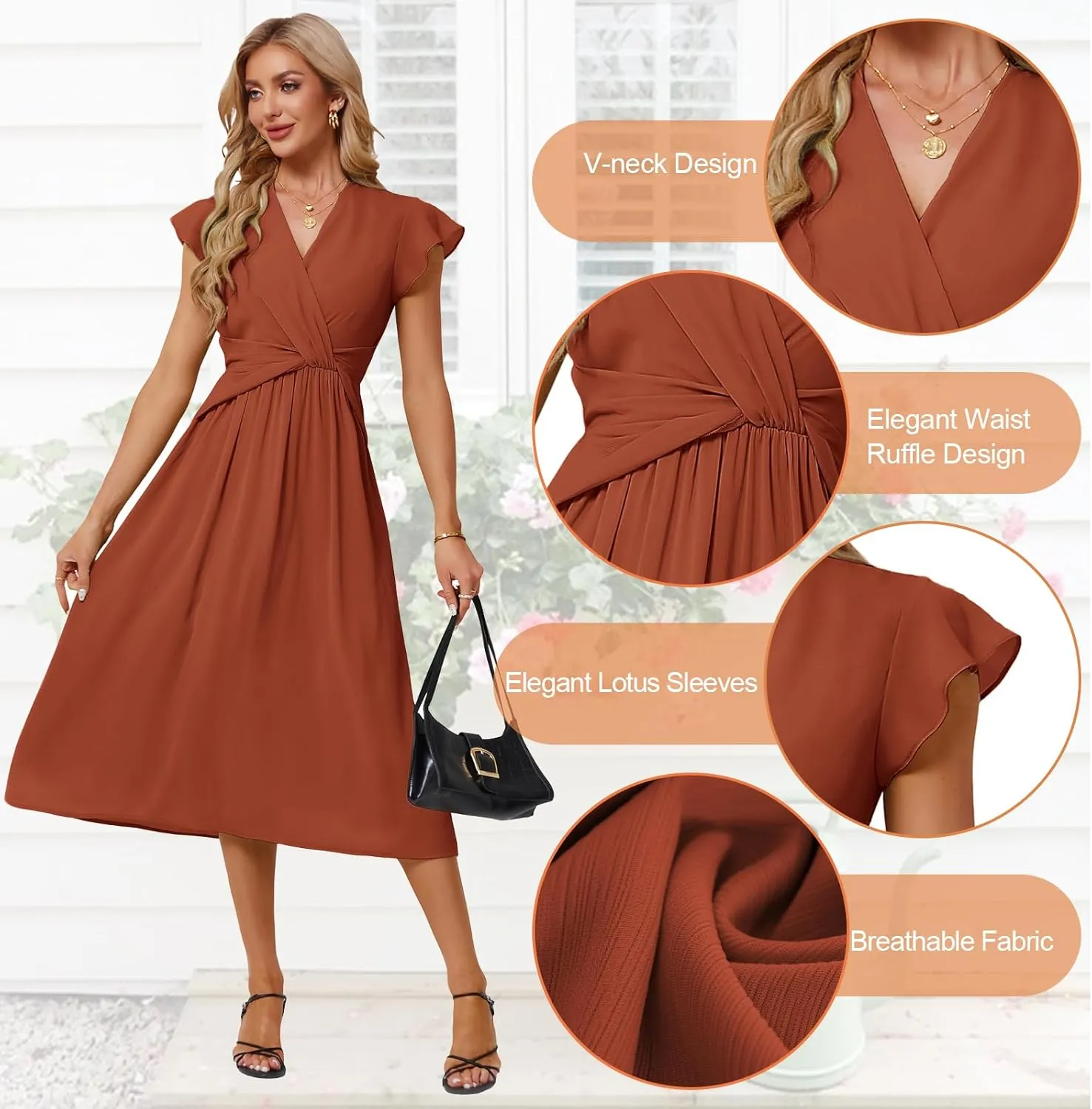 JASAMBAC Womens Dresses Casual Ruffle Short Sleeves Chiffon Empire Waist Elastic V-Neck Wedding Guest A-Line Maxi Dress