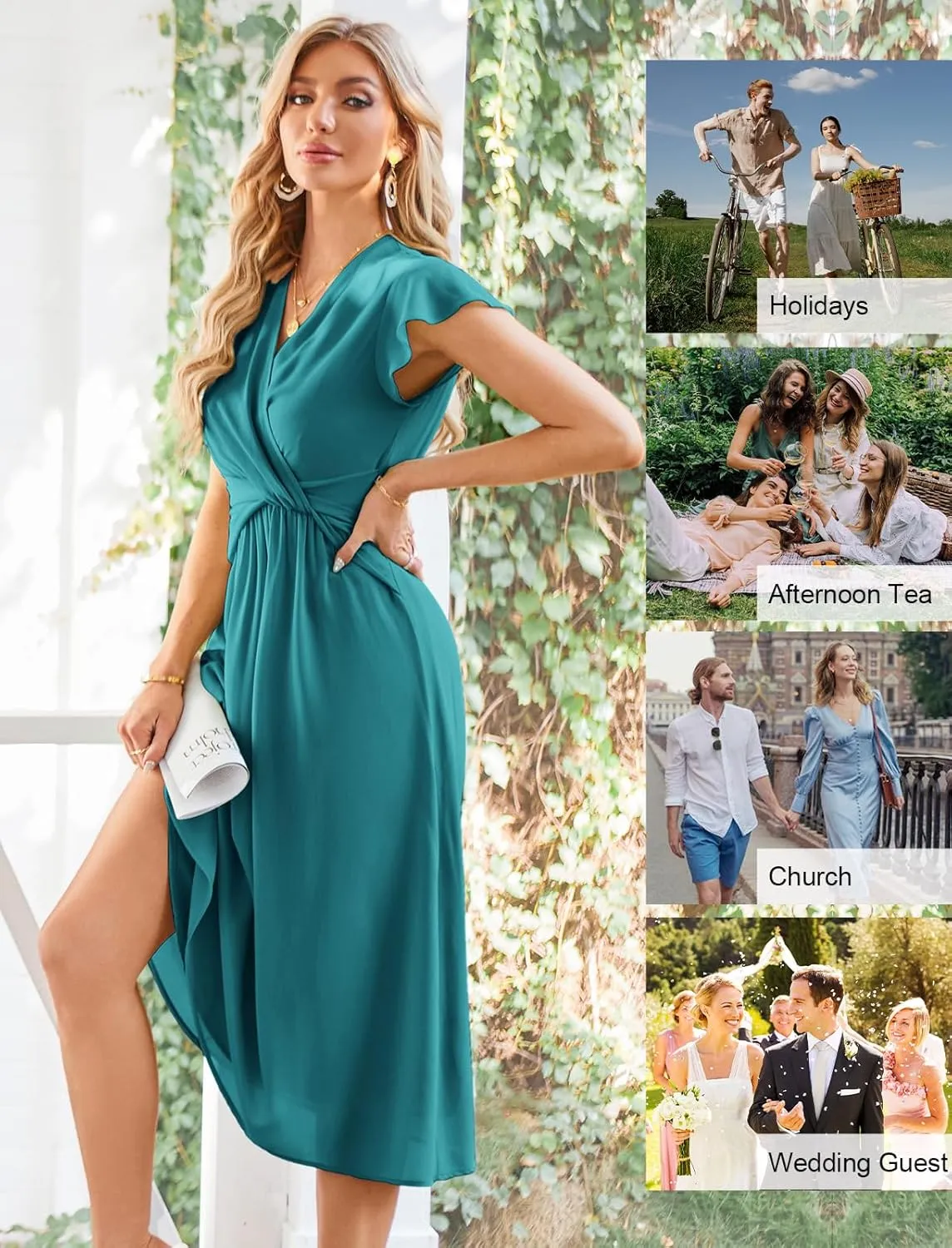 JASAMBAC Womens Dresses Casual Ruffle Short Sleeves Chiffon Empire Waist Elastic V-Neck Wedding Guest A-Line Maxi Dress