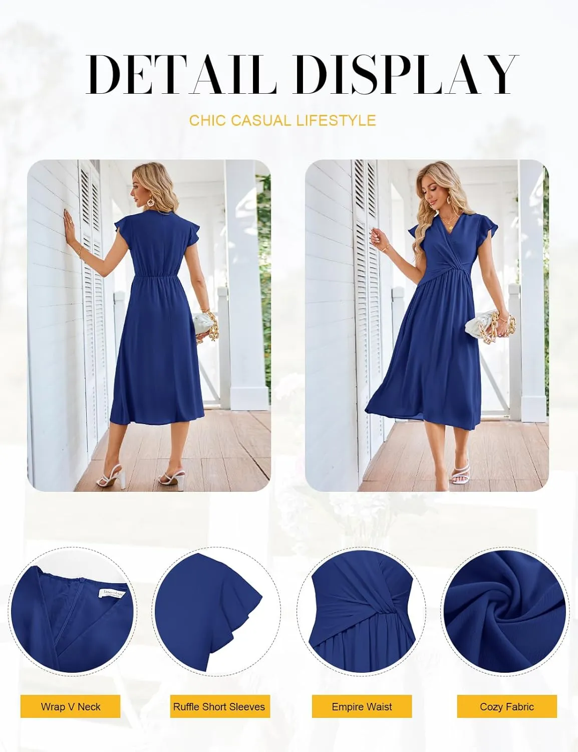 JASAMBAC Womens Dresses Casual Ruffle Short Sleeves Chiffon Empire Waist Elastic V-Neck Wedding Guest A-Line Maxi Dress