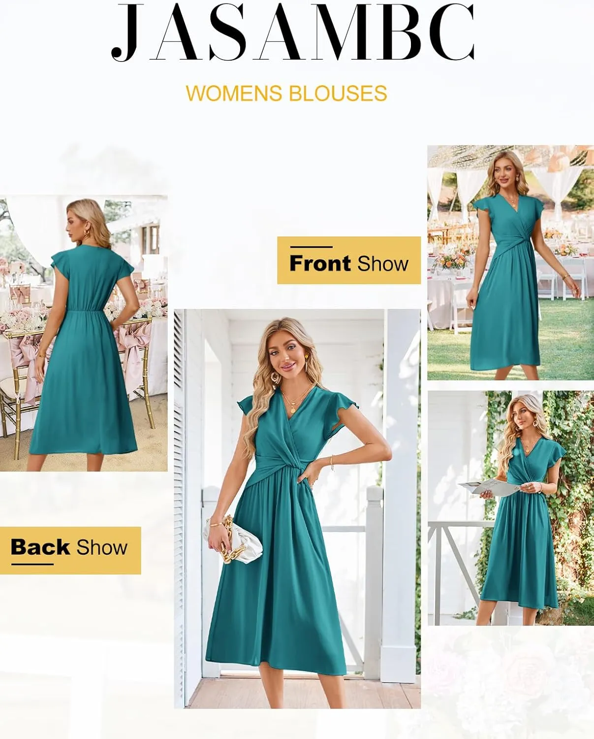 JASAMBAC Womens Dresses Casual Ruffle Short Sleeves Chiffon Empire Waist Elastic V-Neck Wedding Guest A-Line Maxi Dress