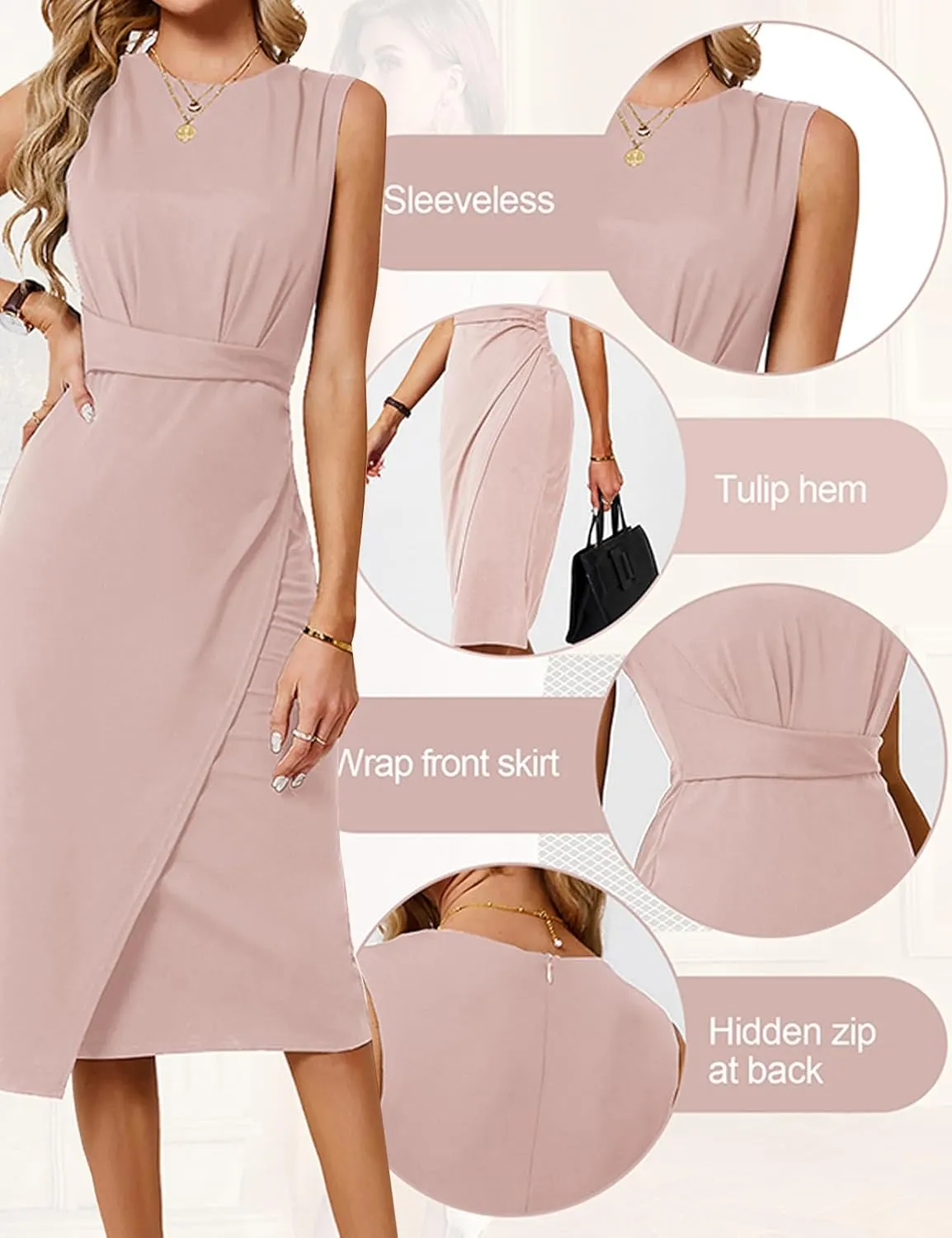 JASAMBAC Women's Sleeveless Tank Wrap Dress Midi Retro Wedding Cocktail Party Dress Ruched Club Evening Night Pencil Dresses