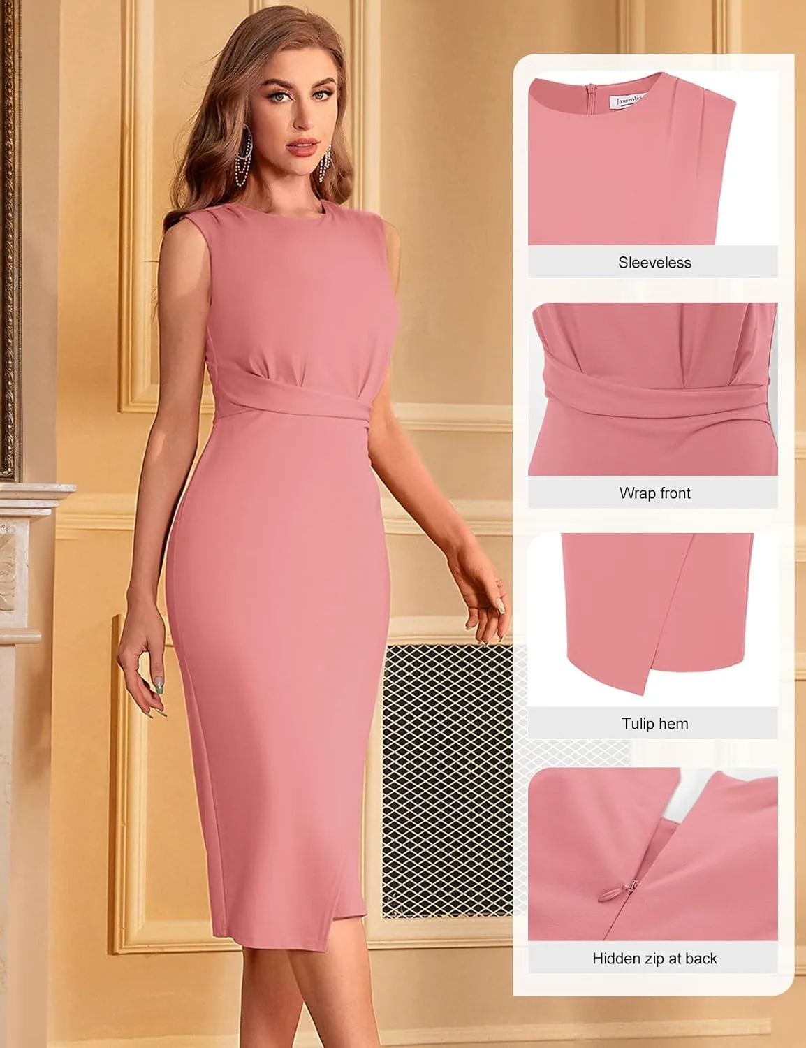 JASAMBAC Women's Sleeveless Tank Wrap Dress Midi Retro Wedding Cocktail Party Dress Ruched Club Evening Night Pencil Dresses