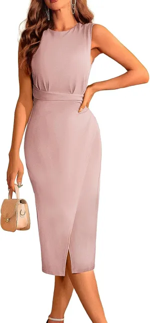 JASAMBAC Women's Sleeveless Tank Wrap Dress Midi Retro Wedding Cocktail Party Dress Ruched Club Evening Night Pencil Dresses