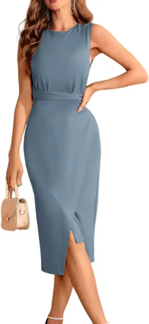 JASAMBAC Women's Sleeveless Tank Wrap Dress Midi Retro Wedding Cocktail Party Dress Ruched Club Evening Night Pencil Dresses