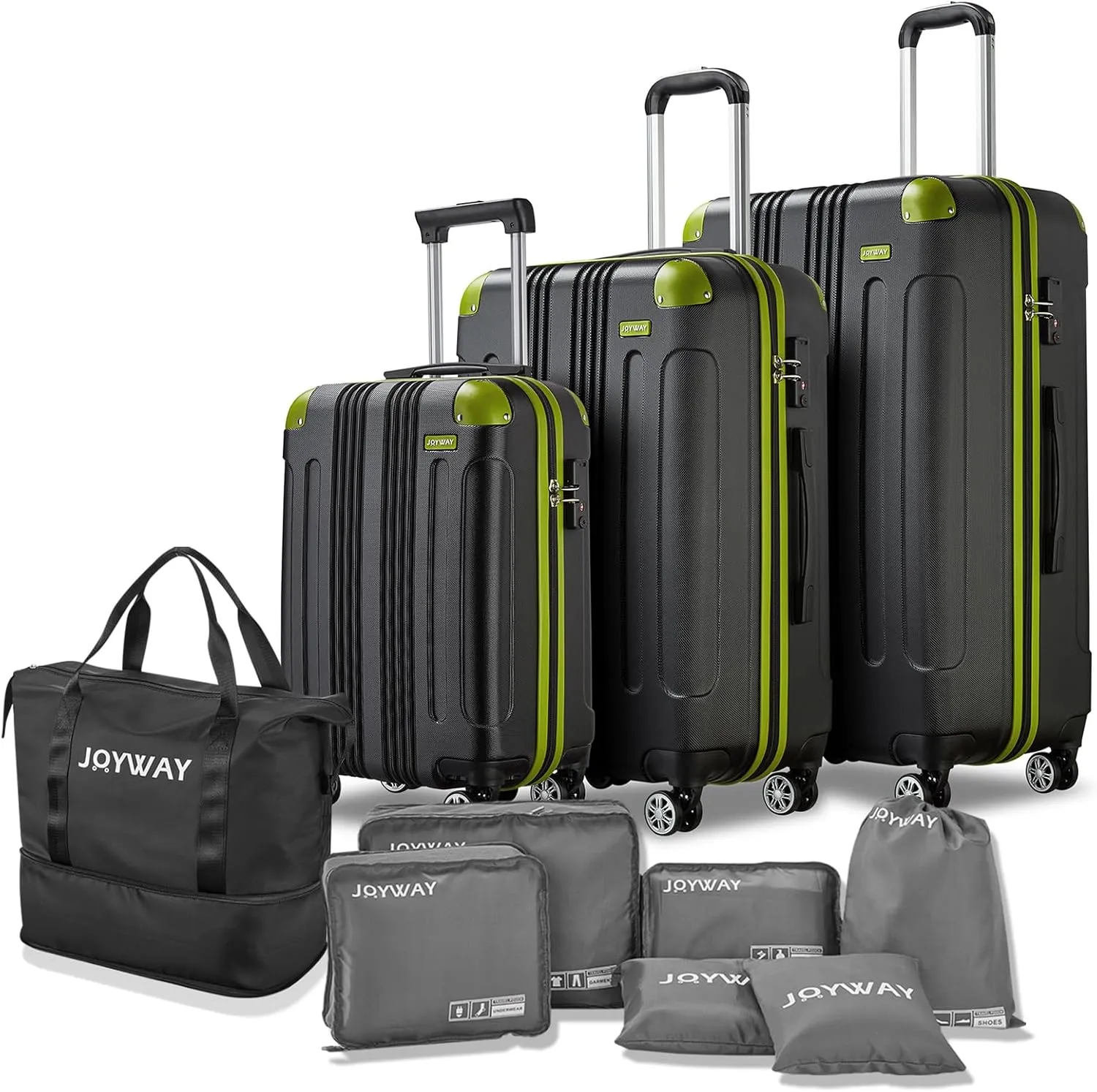 Joyway Luggage Sets 3 Piece with Spinner Wheels, ABS Hardside Travel Suitcase Set with TSA Lock for Women and Men (Black_Green)