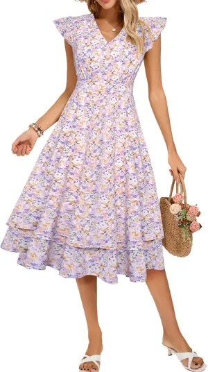 Kate Kasin Womens Dresses Summer Short Sleeve Ruffle Floral V Neck Flowy Aline Casual Tiered Wedding Guest Midi Sundress