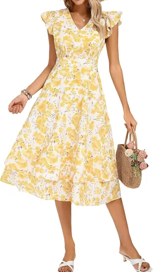 Kate Kasin Womens Dresses Summer Short Sleeve Ruffle Floral V Neck Flowy Aline Casual Tiered Wedding Guest Midi Sundress