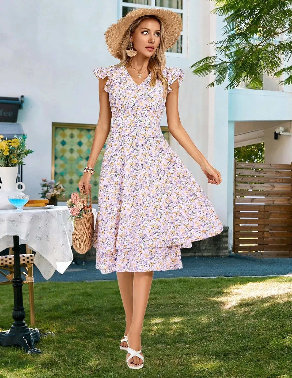 Kate Kasin Womens Dresses Summer Short Sleeve Ruffle Floral V Neck Flowy Aline Casual Tiered Wedding Guest Midi Sundress