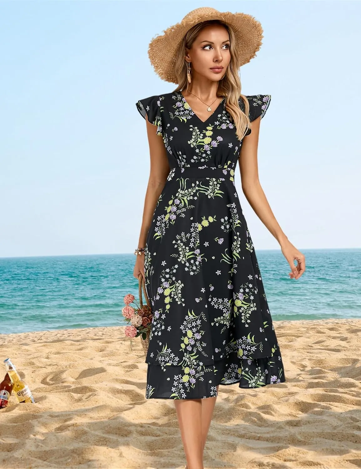 Kate Kasin Womens Dresses Summer Short Sleeve Ruffle Floral V Neck Flowy Aline Casual Tiered Wedding Guest Midi Sundress