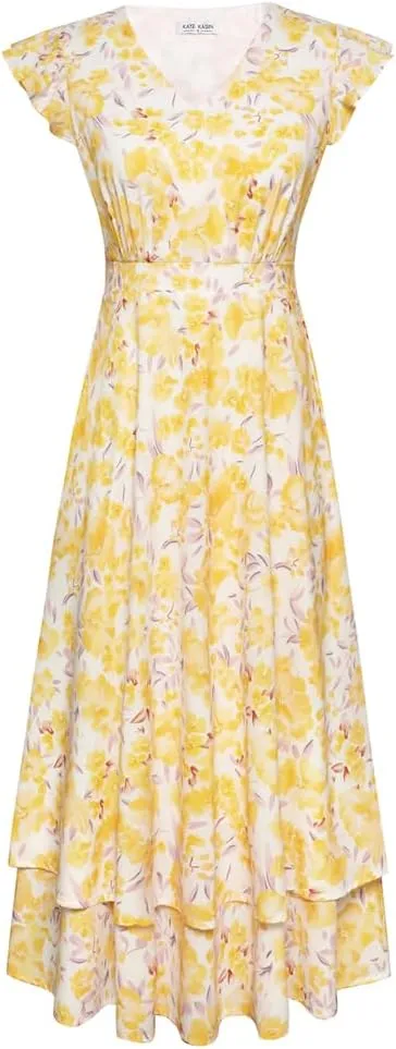 Kate Kasin Womens Dresses Summer Short Sleeve Ruffle Floral V Neck Flowy Aline Casual Tiered Wedding Guest Midi Sundress
