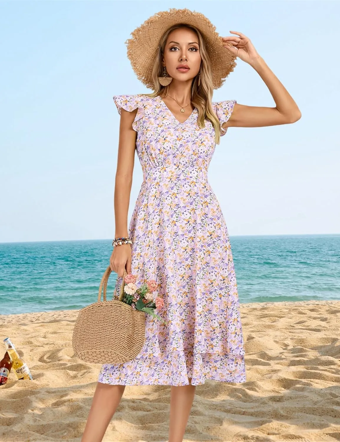 Kate Kasin Womens Dresses Summer Short Sleeve Ruffle Floral V Neck Flowy Aline Casual Tiered Wedding Guest Midi Sundress