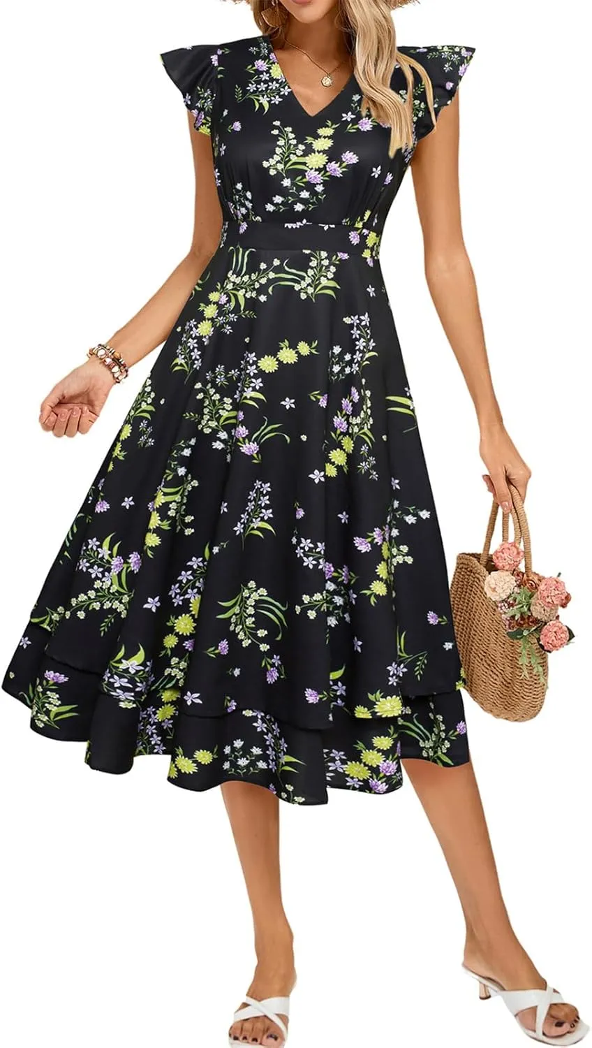 Kate Kasin Womens Dresses Summer Short Sleeve Ruffle Floral V Neck Flowy Aline Casual Tiered Wedding Guest Midi Sundress