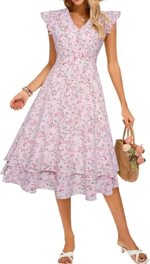 Kate Kasin Womens Dresses Summer Short Sleeve Ruffle Floral V Neck Flowy Aline Casual Tiered Wedding Guest Midi Sundress