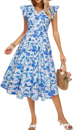 Kate Kasin Womens Dresses Summer Short Sleeve Ruffle Floral V Neck Flowy Aline Casual Tiered Wedding Guest Midi Sundress