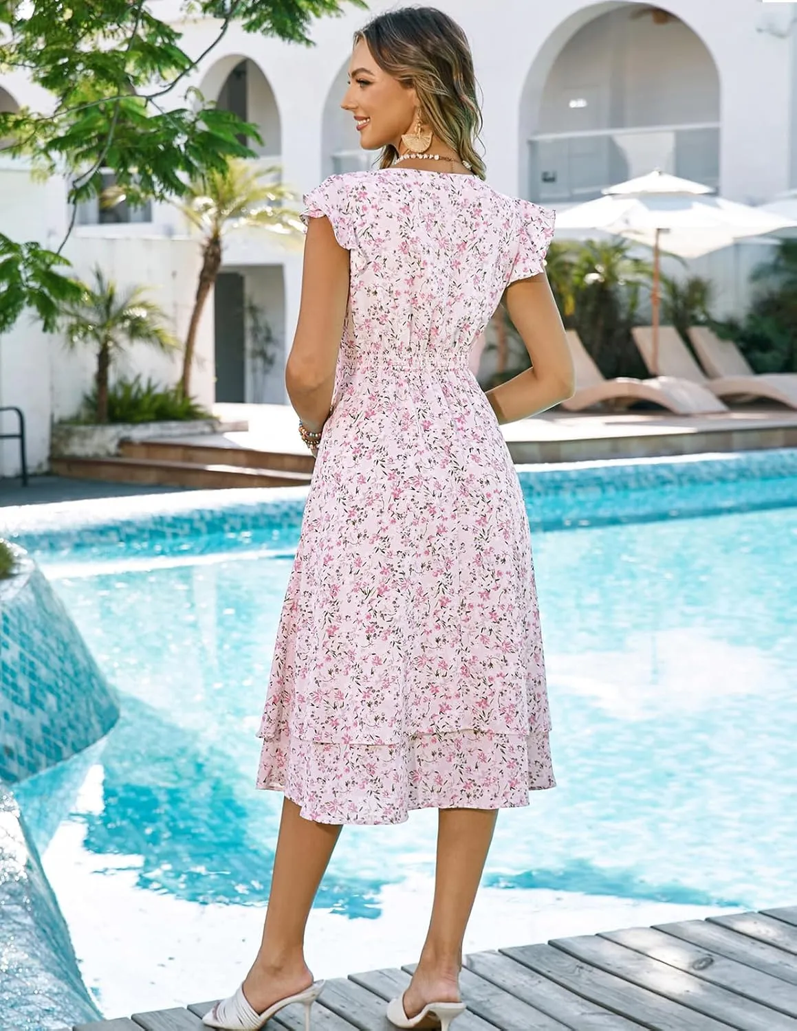 Kate Kasin Womens Dresses Summer Short Sleeve Ruffle Floral V Neck Flowy Aline Casual Tiered Wedding Guest Midi Sundress