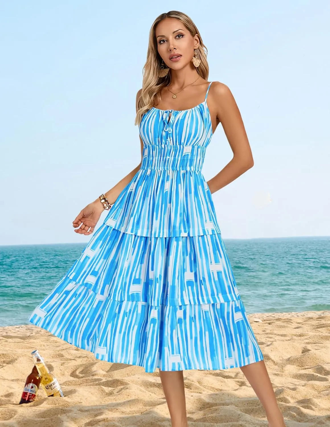 Kate Kasin Womens Striped Dresses V Neck Cutout Casual Spaghetti Strap Flowy Swing A Line Beach Tiered Maxi Sundress