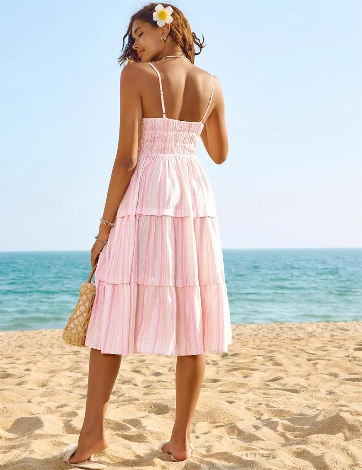 Kate Kasin Womens Striped Dresses V Neck Cutout Casual Spaghetti Strap Flowy Swing A Line Beach Tiered Maxi Sundress