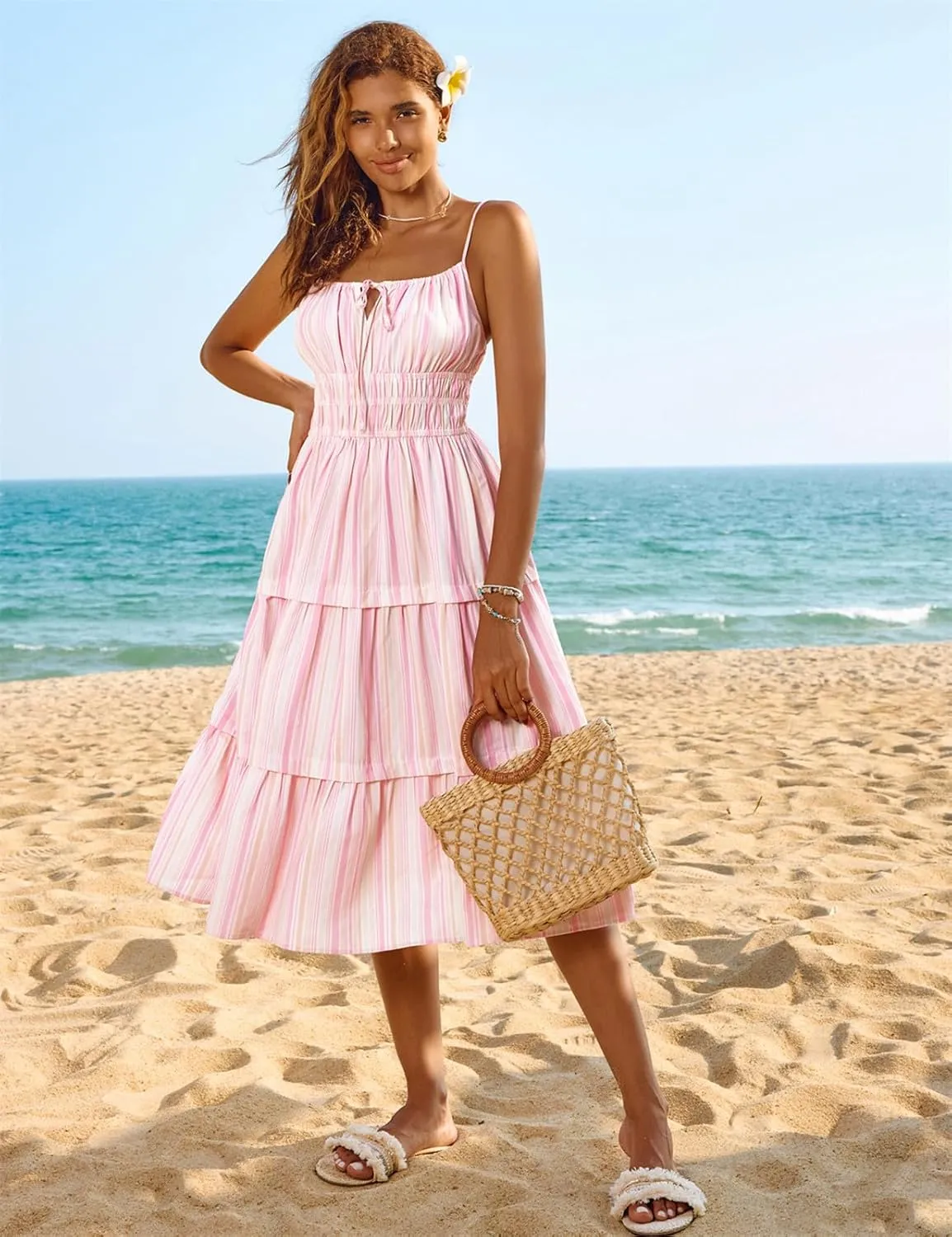 Kate Kasin Womens Striped Dresses V Neck Cutout Casual Spaghetti Strap Flowy Swing A Line Beach Tiered Maxi Sundress