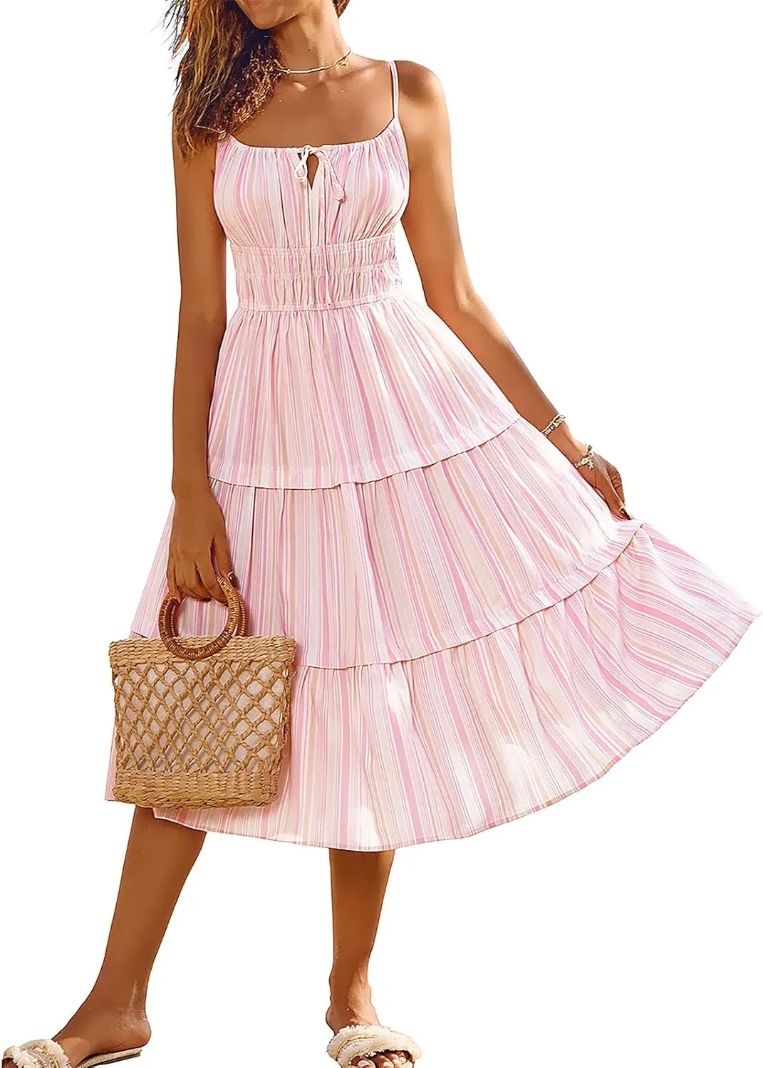 Kate Kasin Womens Striped Dresses V Neck Cutout Casual Spaghetti Strap Flowy Swing A Line Beach Tiered Maxi Sundress