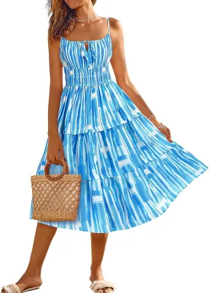 Kate Kasin Womens Striped Dresses V Neck Cutout Casual Spaghetti Strap Flowy Swing A Line Beach Tiered Maxi Sundress