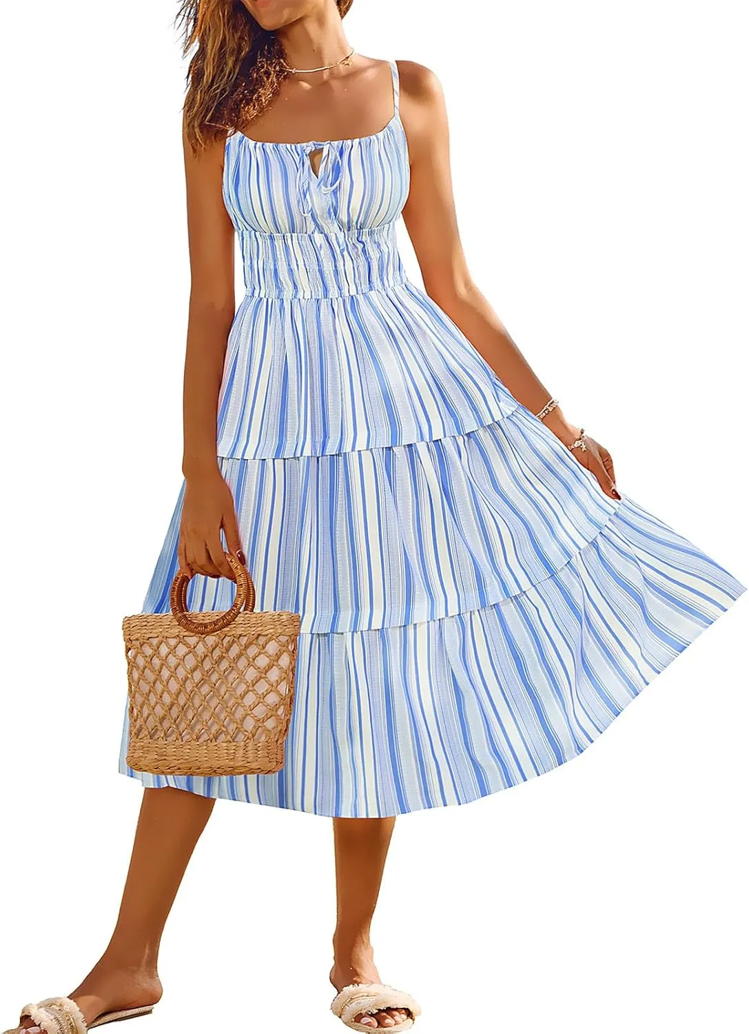 Kate Kasin Womens Striped Dresses V Neck Cutout Casual Spaghetti Strap Flowy Swing A Line Beach Tiered Maxi Sundress