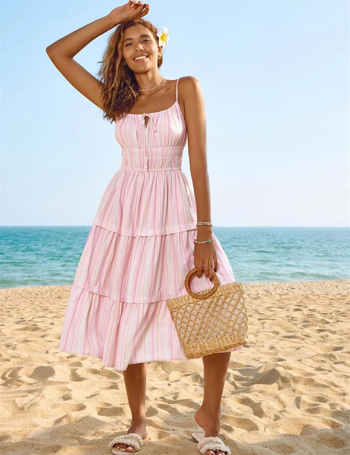 Kate Kasin Womens Striped Dresses V Neck Cutout Casual Spaghetti Strap Flowy Swing A Line Beach Tiered Maxi Sundress