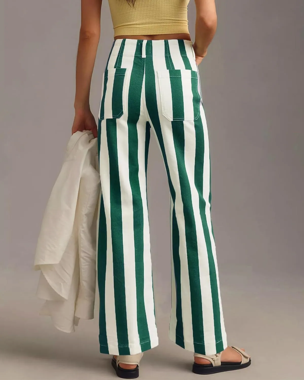 Kedera Women's Striped Pants Wide Leg Trousers Casual High Waisted Fun Pants Flare Jeans with Patched Pockets
