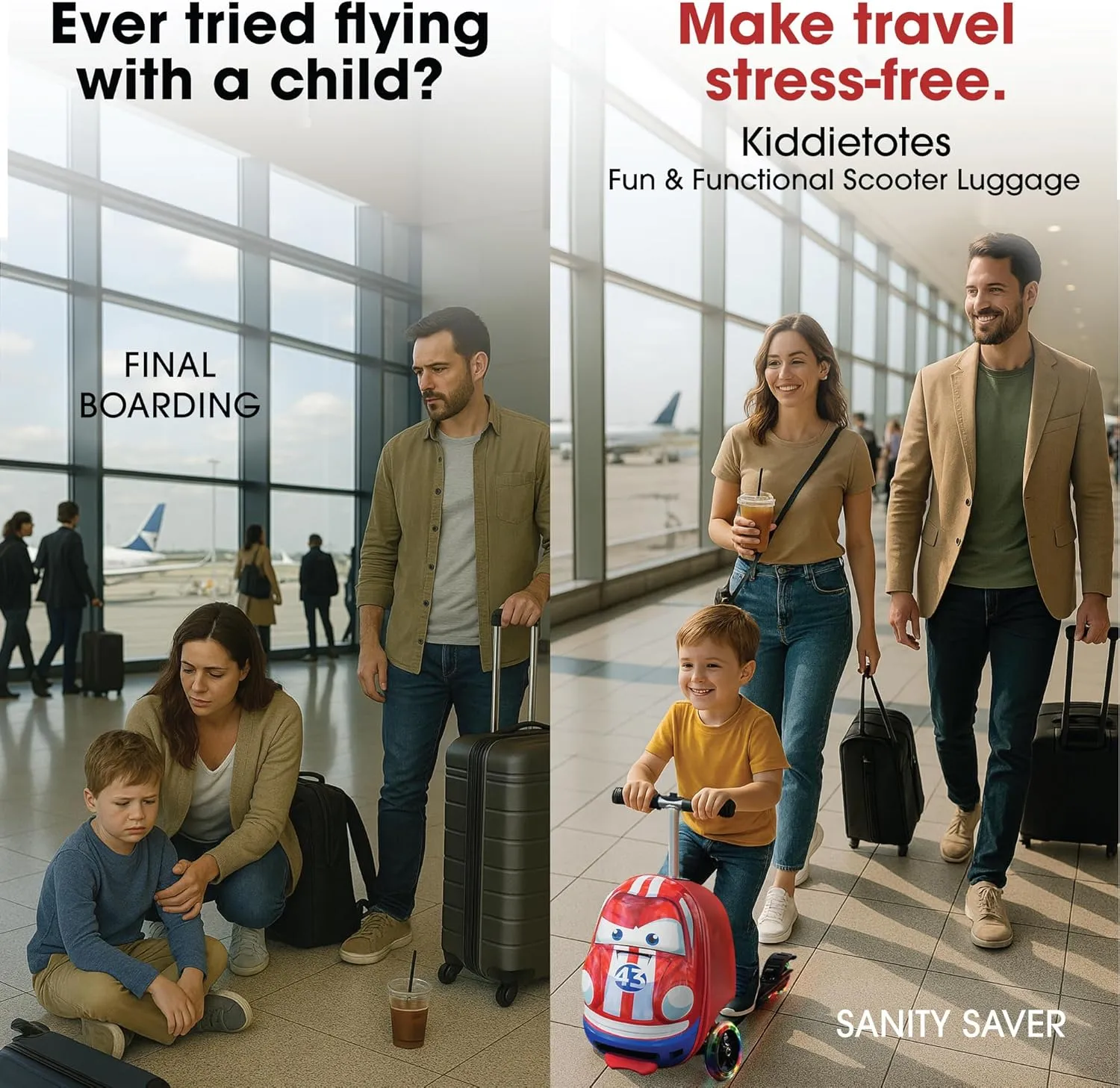 Kiddietotes 3-D Hardside Scooter Ride On Suitcase for Kids - Cute Lightweight Kids Luggage with Wheels - Fun LED Lights