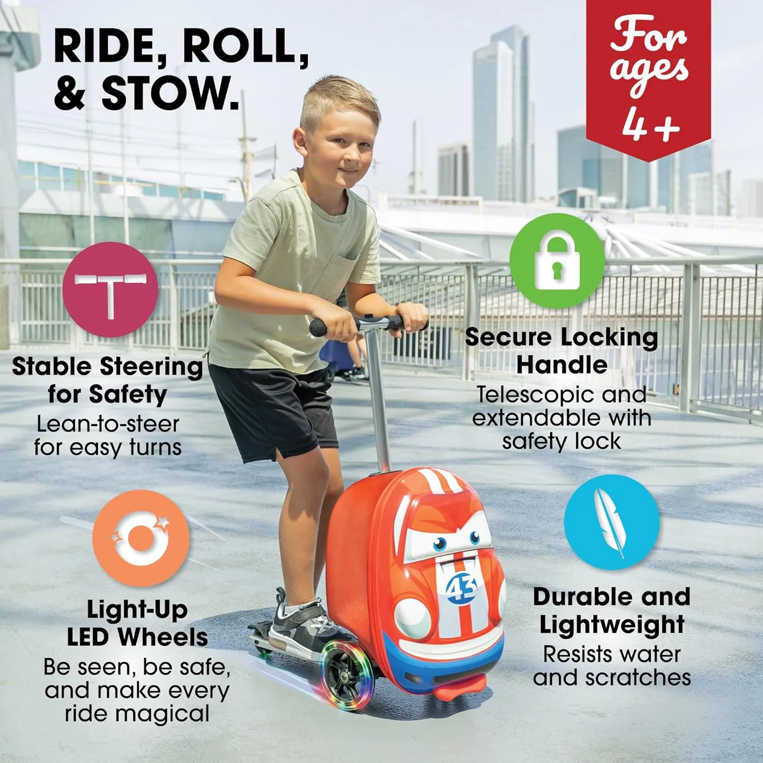 Kiddietotes 3-D Hardside Scooter Ride On Suitcase for Kids - Cute Lightweight Kids Luggage with Wheels - Fun LED Lights