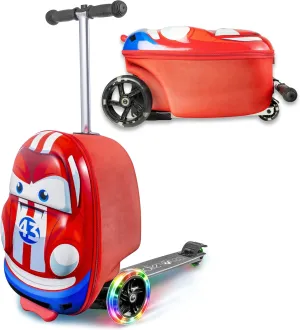 Kiddietotes 3-D Hardside Scooter Ride On Suitcase for Kids - Cute Lightweight Kids Luggage with Wheels - Fun LED Lights