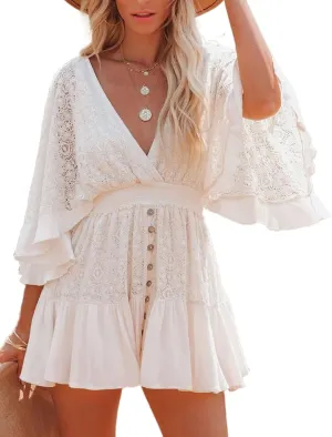 Kissonic Women's Summer Lace V Neck Dresses Batwing Sleeve Crochet Ruffle Mini Dress
