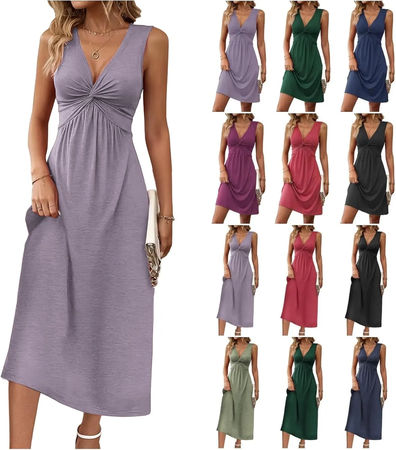 Knotted Front Dresses for Women Sleeveless Tank Dress A Line V Neck Dresses Ruffle Summer Elegant Tunic Midi Sundress