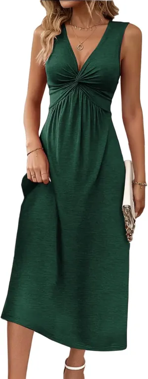 Knotted Front Dresses for Women Sleeveless Tank Dress A Line V Neck Dresses Ruffle Summer Elegant Tunic Midi Sundress