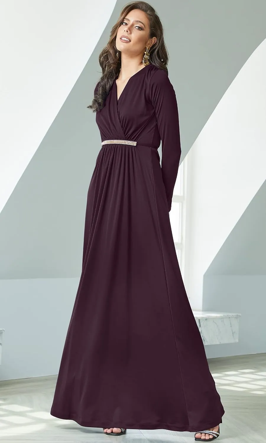 KOH KOH Sleeve Kaftan V-Neck Flowy Formal Winter Gowns