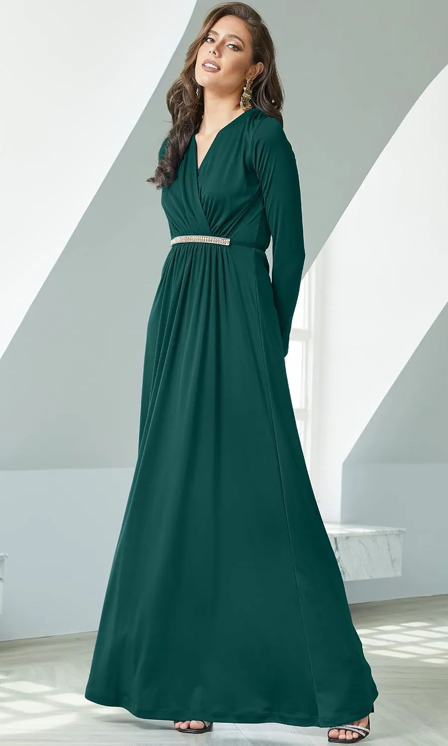 KOH KOH Sleeve Kaftan V-Neck Flowy Formal Winter Gowns