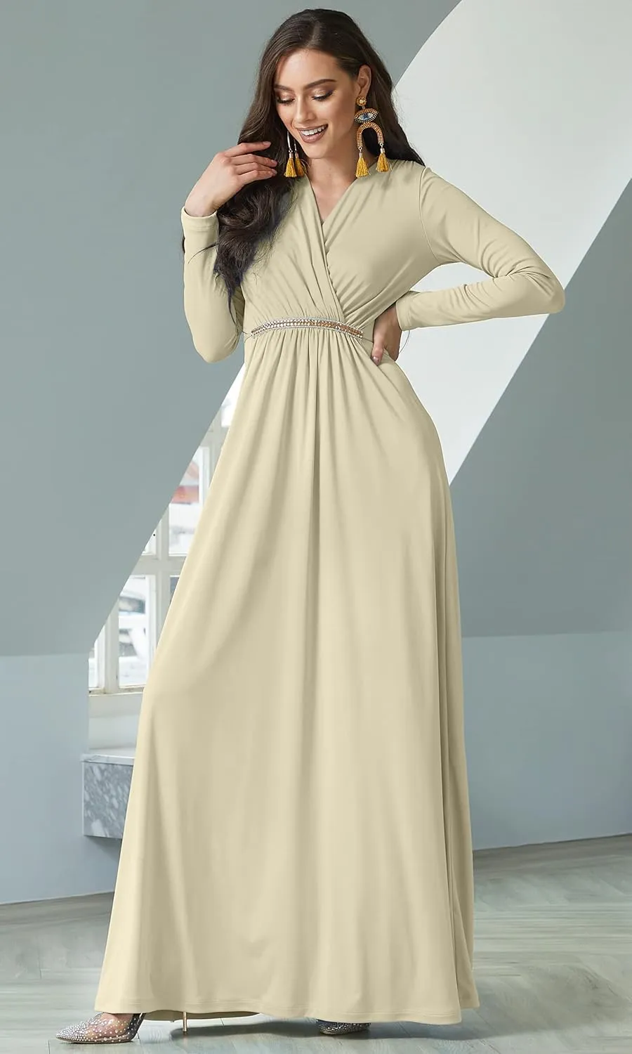 KOH KOH Sleeve Kaftan V-Neck Flowy Formal Winter Gowns