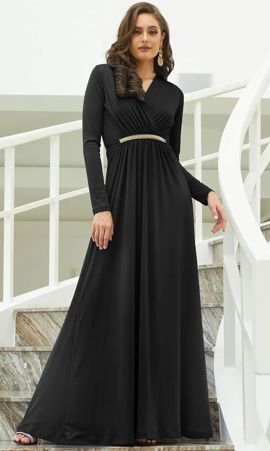 KOH KOH Sleeve Kaftan V-Neck Flowy Formal Winter Gowns