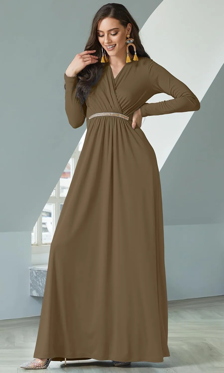 KOH KOH Sleeve Kaftan V-Neck Flowy Formal Winter Gowns